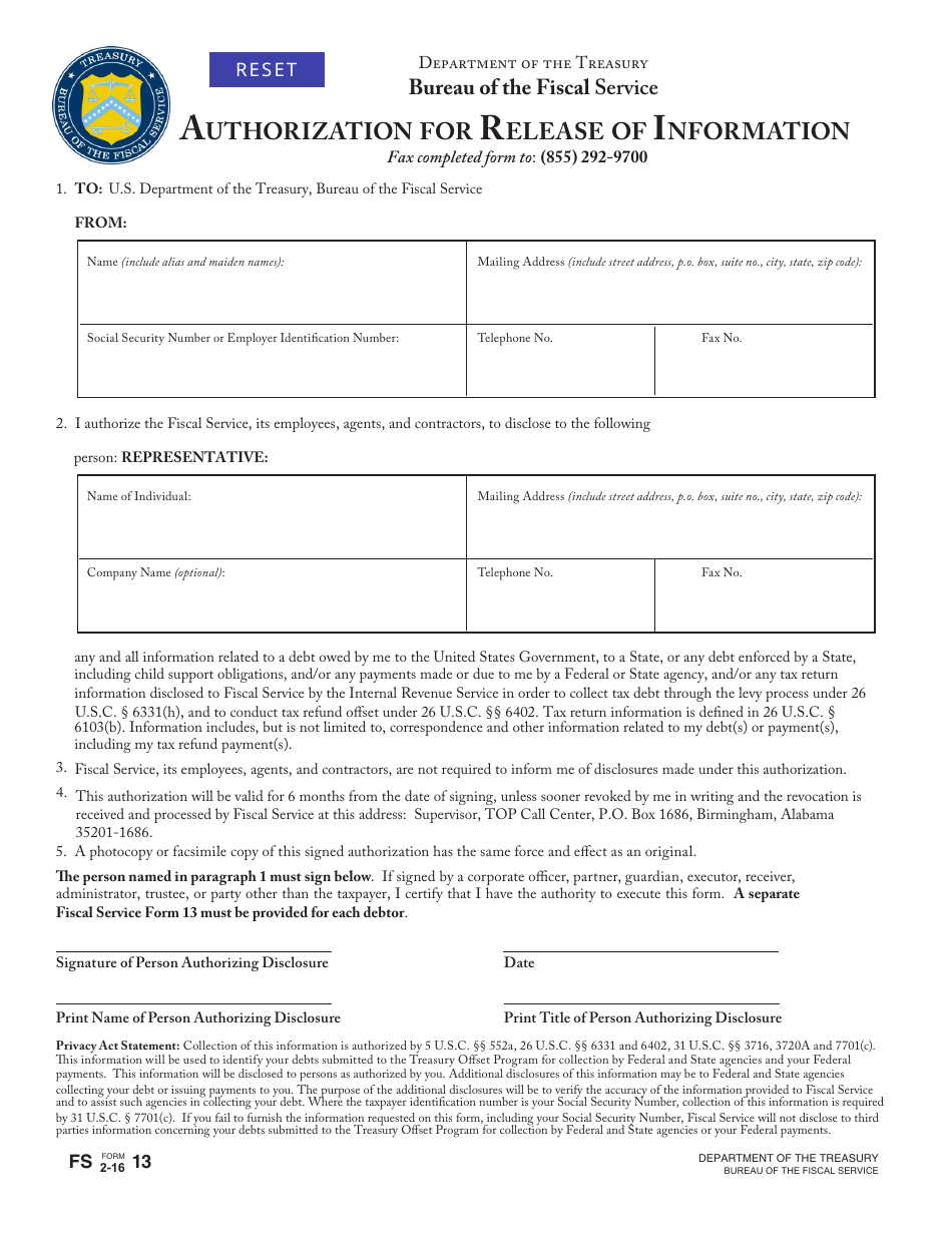 FS Form 13 Authorization for Release of Information, Page 1