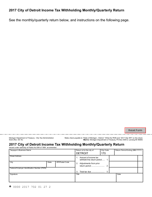 Form 5323 City of Detroit Income Tax Withholding Monthly/Quarterly Return - Michigan, 2017