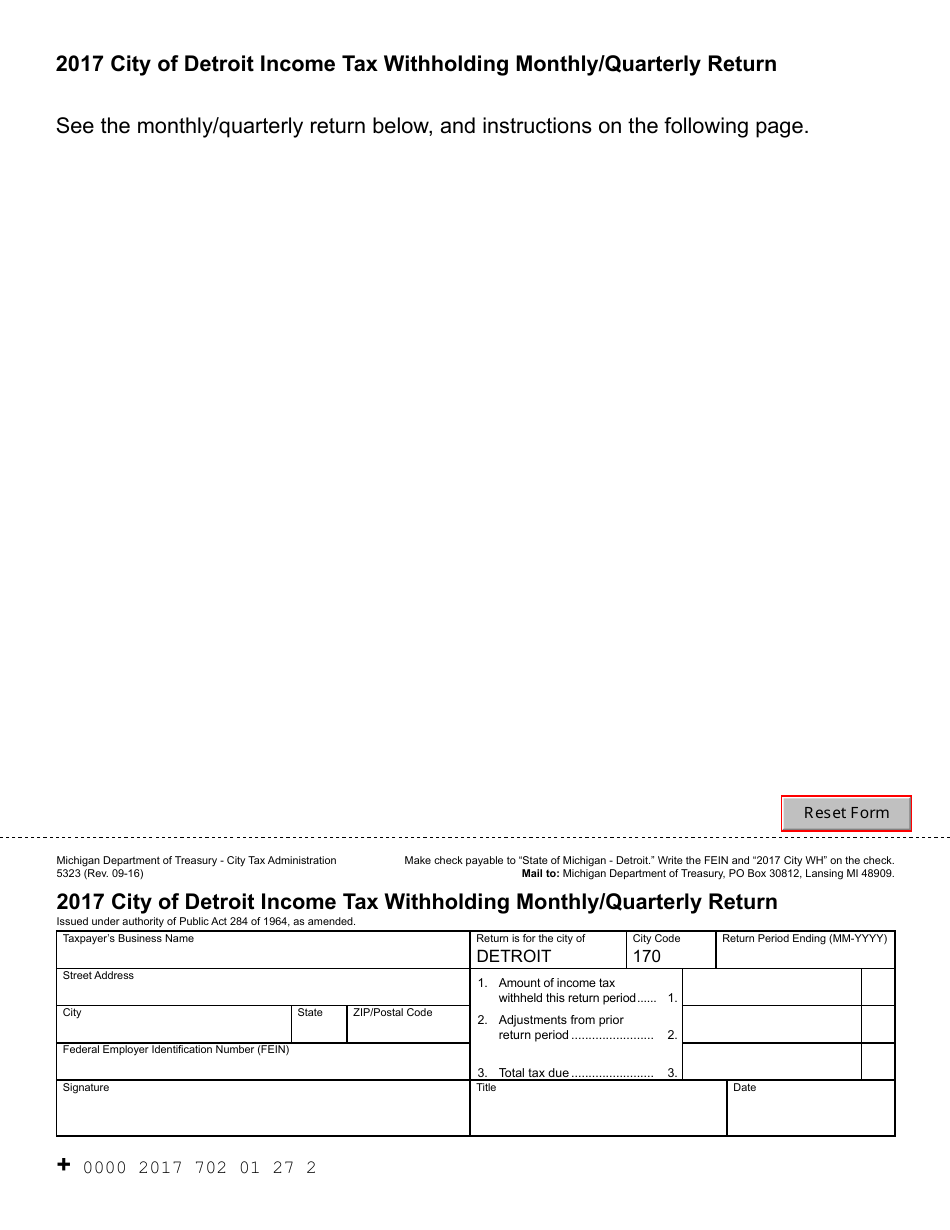 Form 5323 City of Detroit Income Tax Withholding Monthly / Quarterly Return - Michigan, Page 1