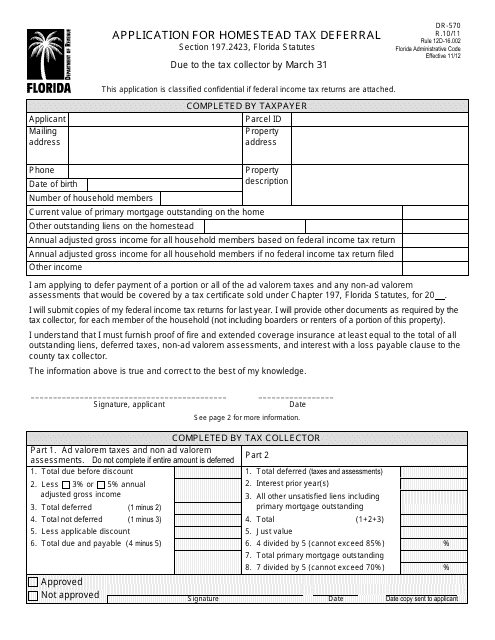 Form DR-570 Application for Homestead Tax Deferral - Florida