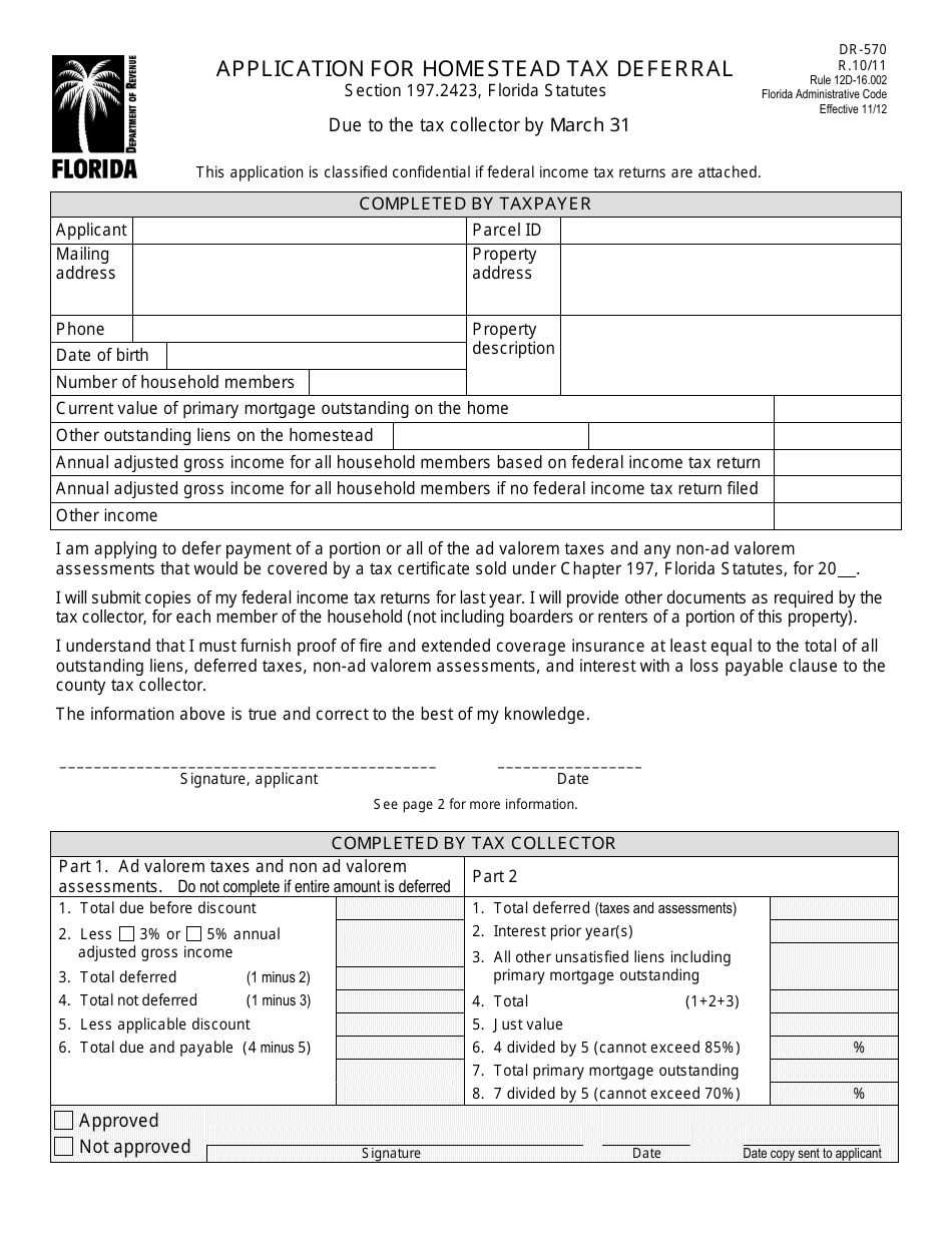 Form DR-570 Application for Homestead Tax Deferral - Florida, Page 1