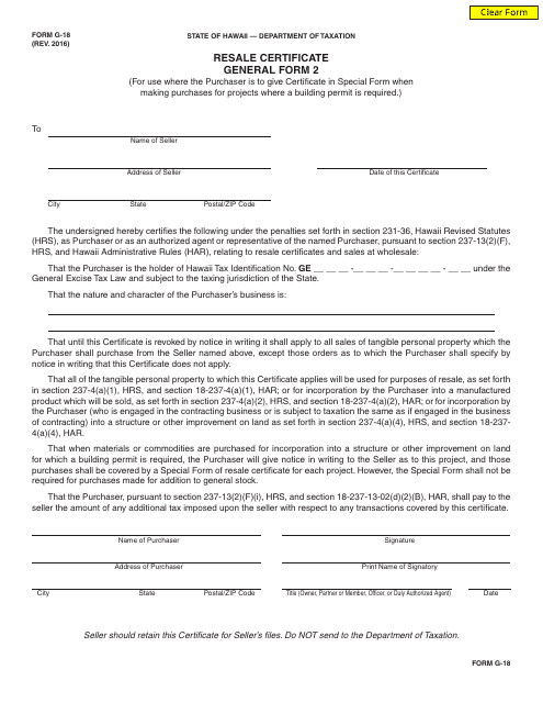 Form G-18 Resale Certificate General Form 2 - Hawaii