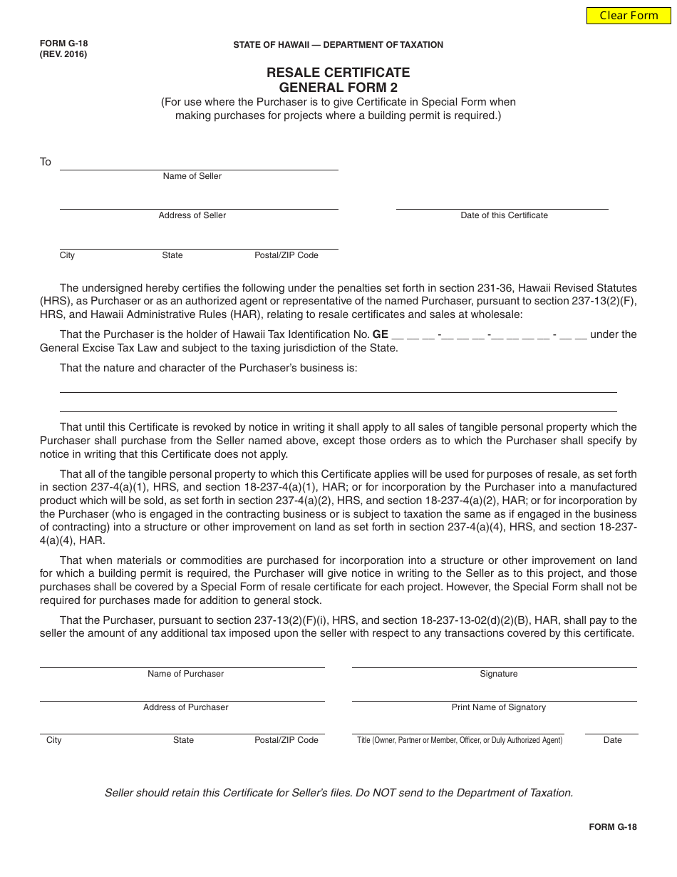 Form G-18 Resale Certificate General Form 2 - Hawaii, Page 1