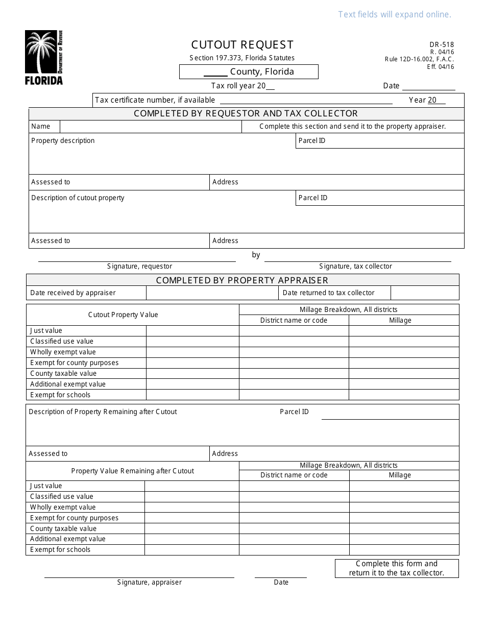 Form DR-518 Cutout Request - Florida, Page 1