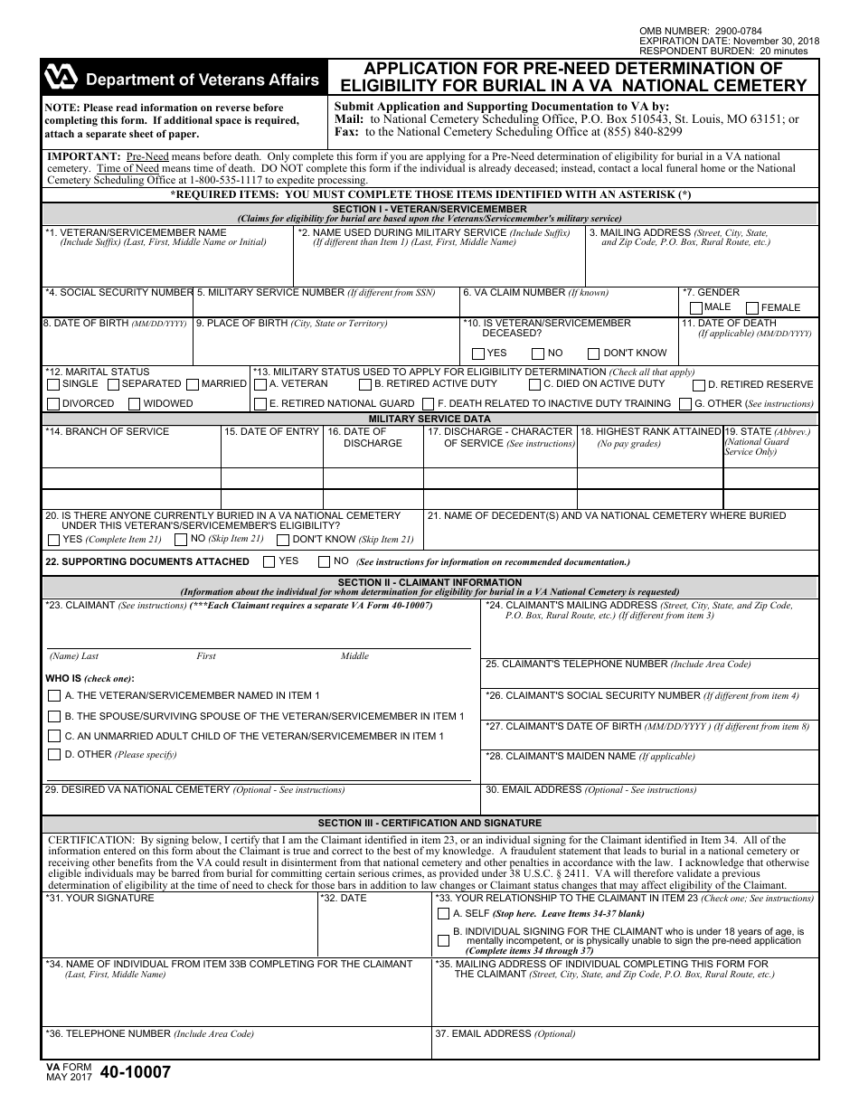 VA Form 40-10007 Application for Pre-need Determination of Eligibility for Burial in a VA National Cemetery, Page 1