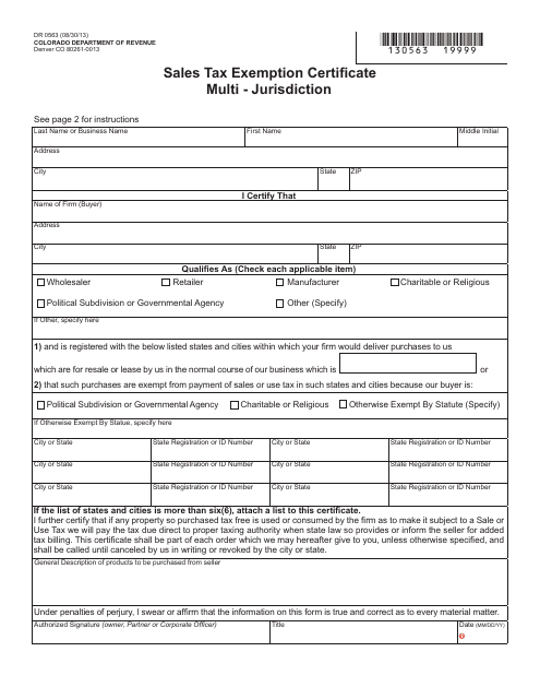 Form DR0563 Sales Tax Exemption Certificate Multi - Jurisdiction - Colorado