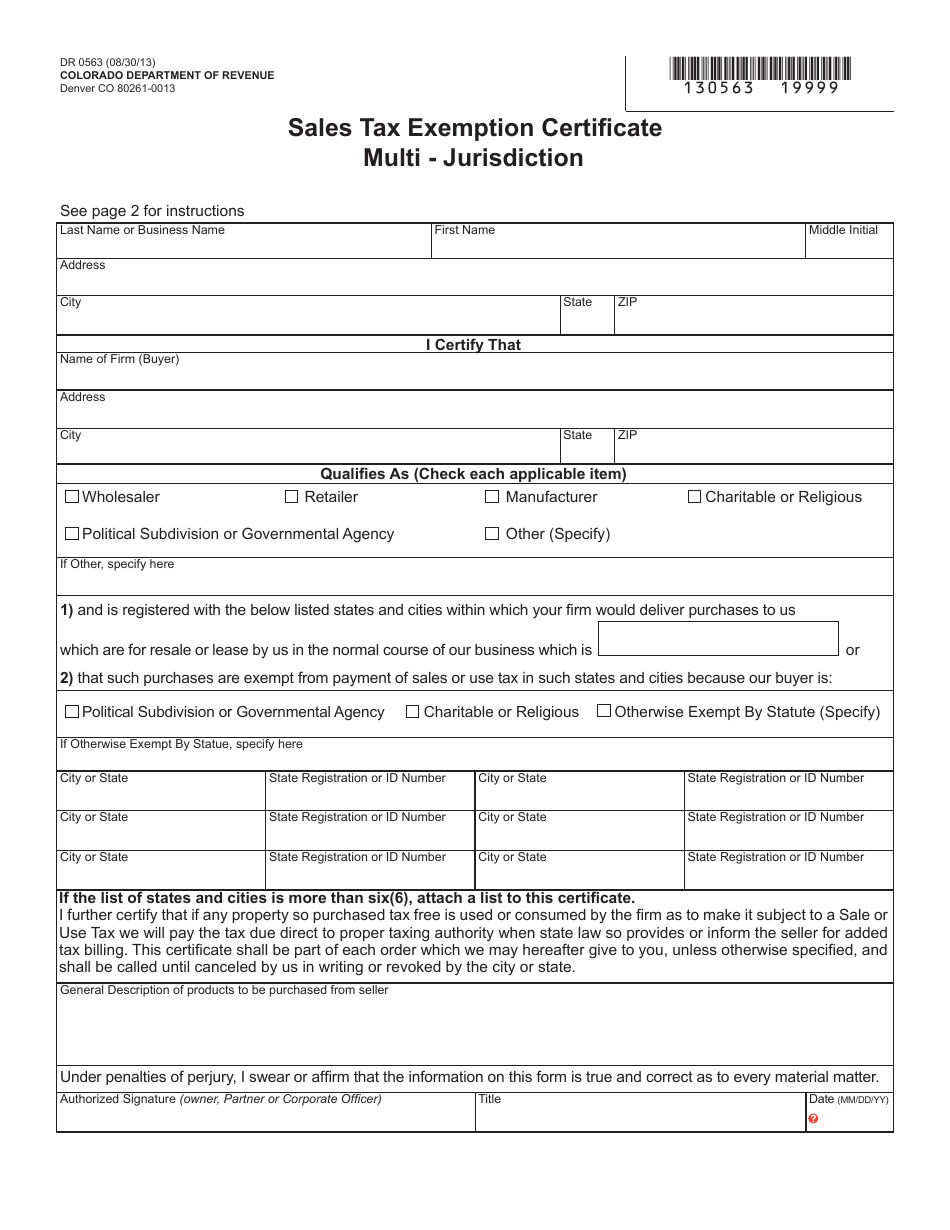 Form DR0563 Sales Tax Exemption Certificate Multi - Jurisdiction - Colorado, Page 1