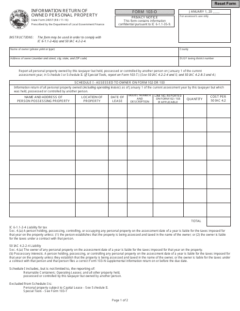 Form 103-O Information Return of Owned Personal Property - Indiana