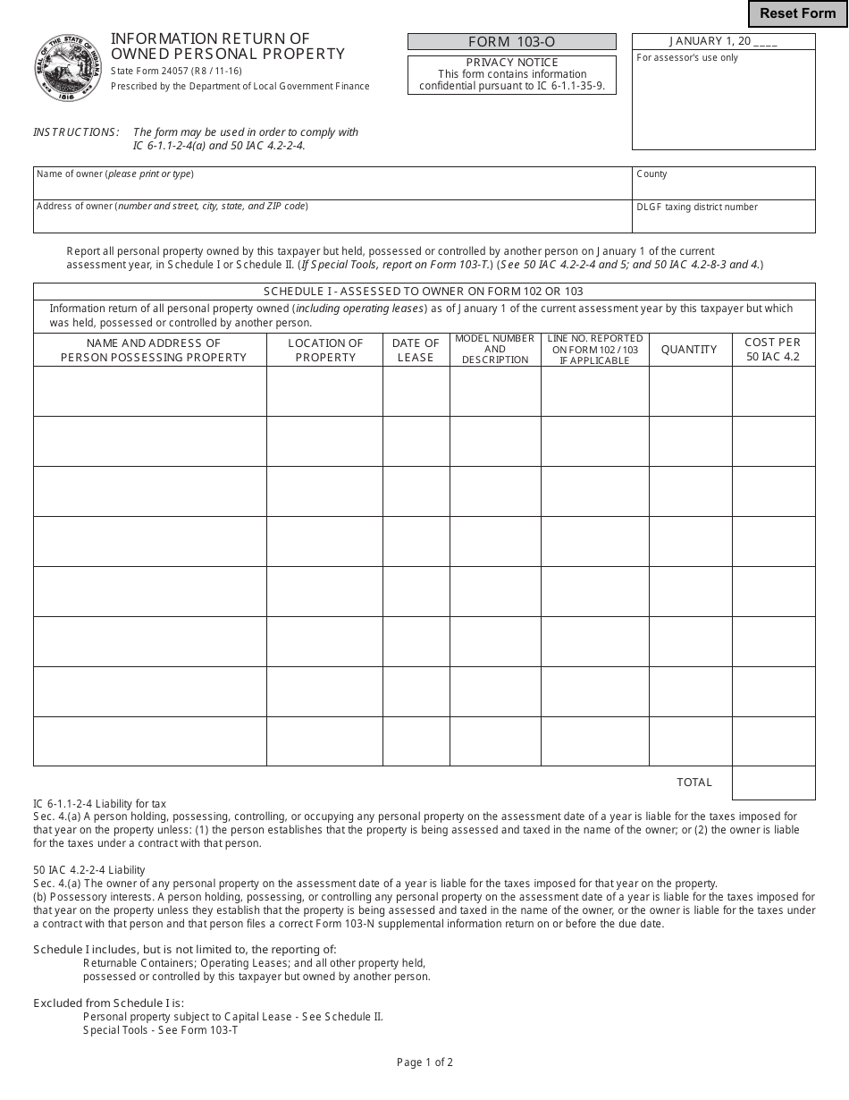 Form 103-O Information Return of Owned Personal Property - Indiana, Page 1