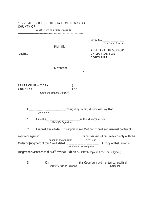 New York Affidavit in Support of Motion for Contempt Fill Out Sign