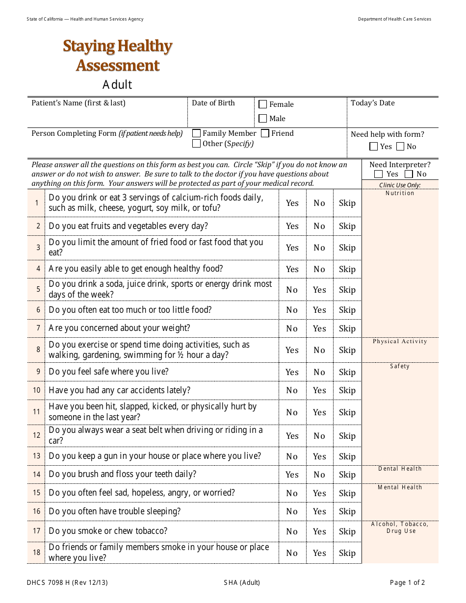 Form DHCS7098 H Staying Healthy Assessment - Adult - California, Page 1