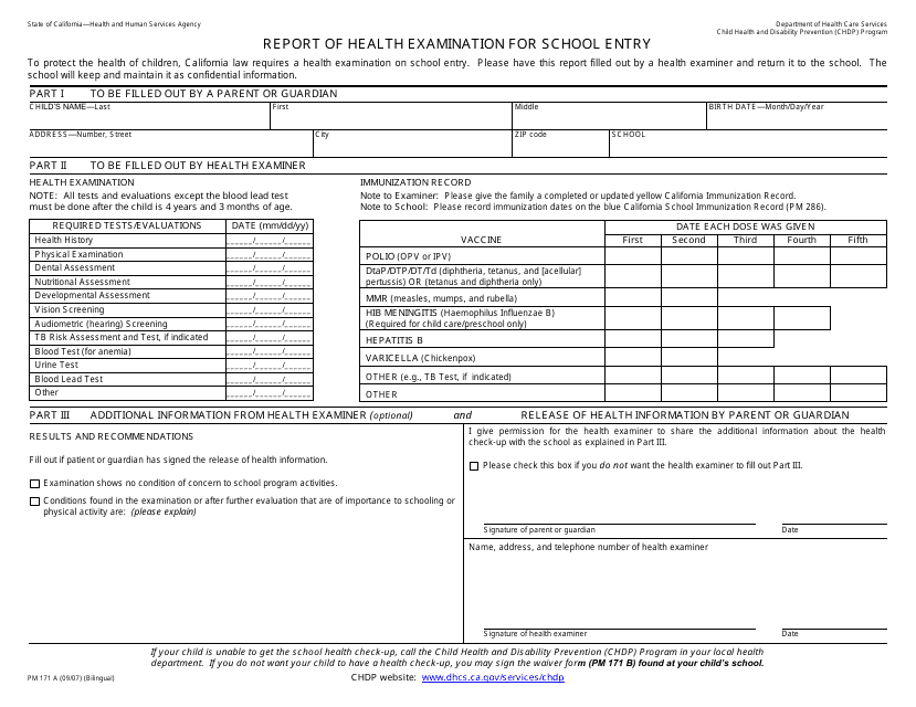 Form PM171 A Report of Health Examination for School Entry - California