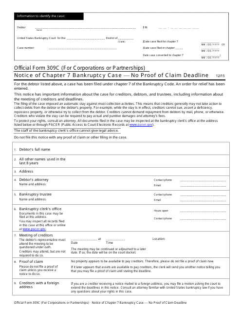 Official Form 309C Notice of Chapter 7 Bankruptcy Case - No Proof of Claim Deadline - for Corporations or Partnerships