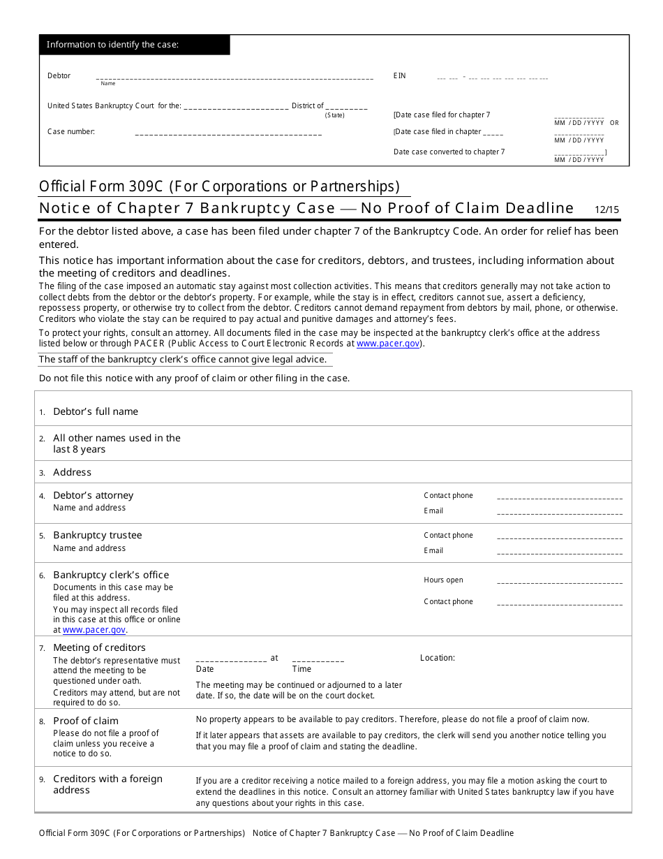 Official Form 309C Notice of Chapter 7 Bankruptcy Case - No Proof of Claim Deadline - for Corporations or Partnerships, Page 1