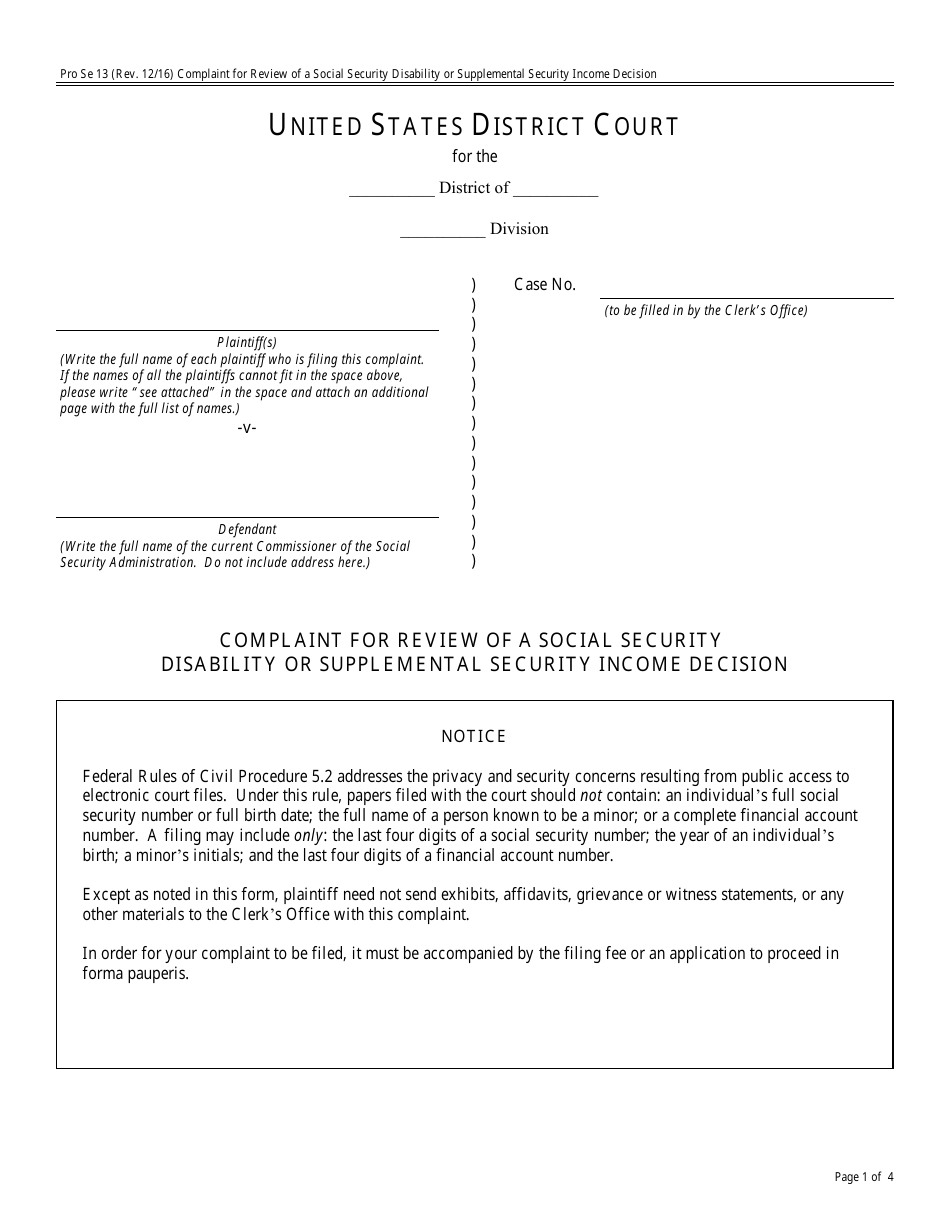 Form Pro Se13 Complaint for Review of a Social Security Disability or Supplemental Security Income Decision, Page 1