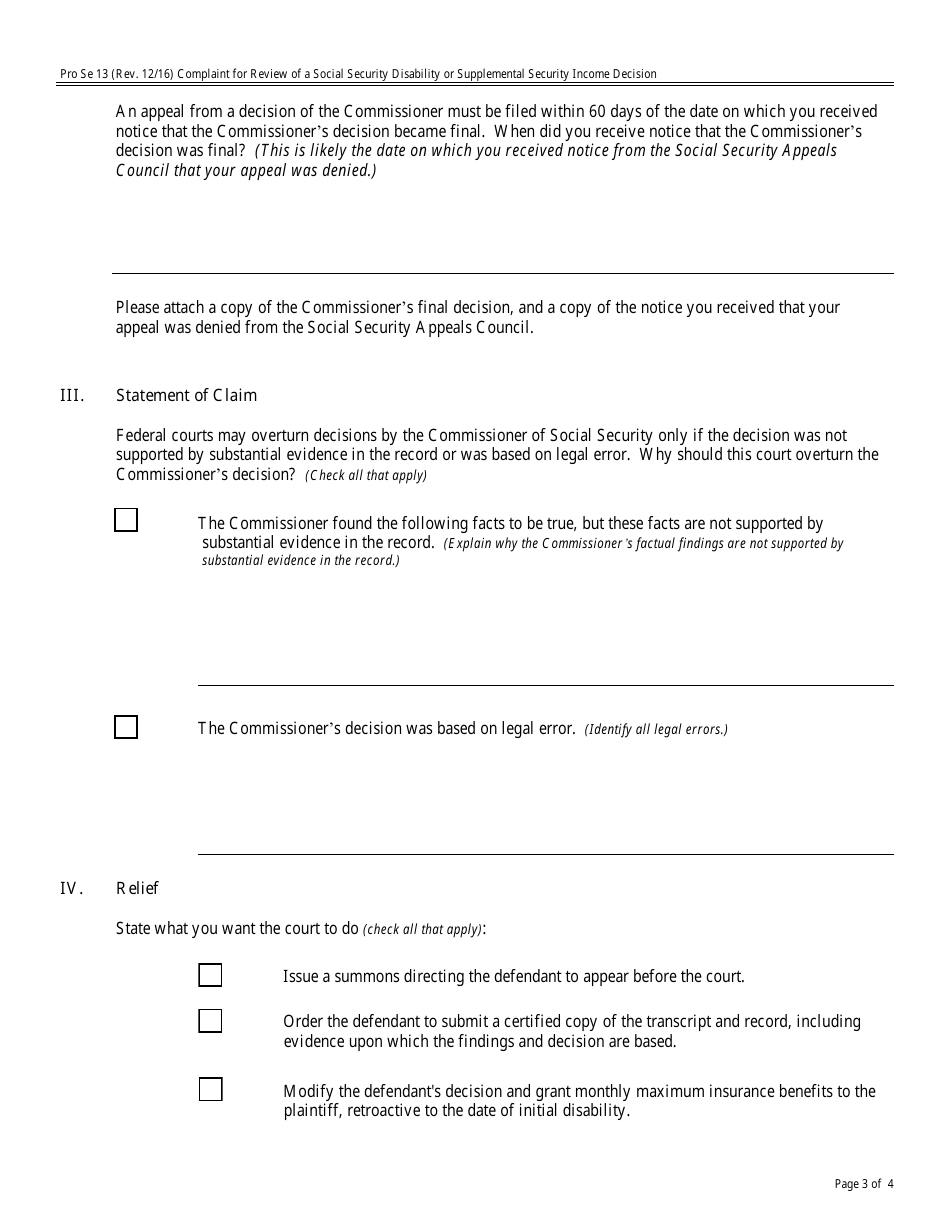 Form Pro Se13 Complaint for Review of a Social Security Disability or Supplemental Security Income Decision, Page 3