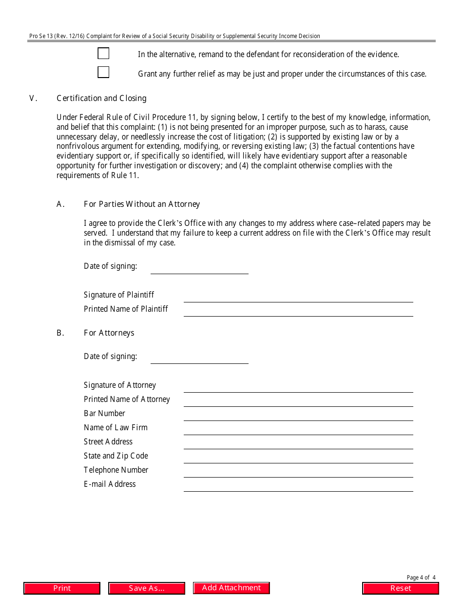 Form Pro Se13 Complaint for Review of a Social Security Disability or Supplemental Security Income Decision, Page 4