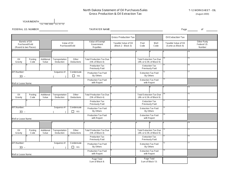 Form T-12 Oil Gross Production and Oil Extraction Tax Report - North Dakota, Page 2