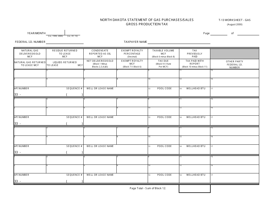 Form T-13 Gas Gross Production Tax Report - North Dakota, Page 2