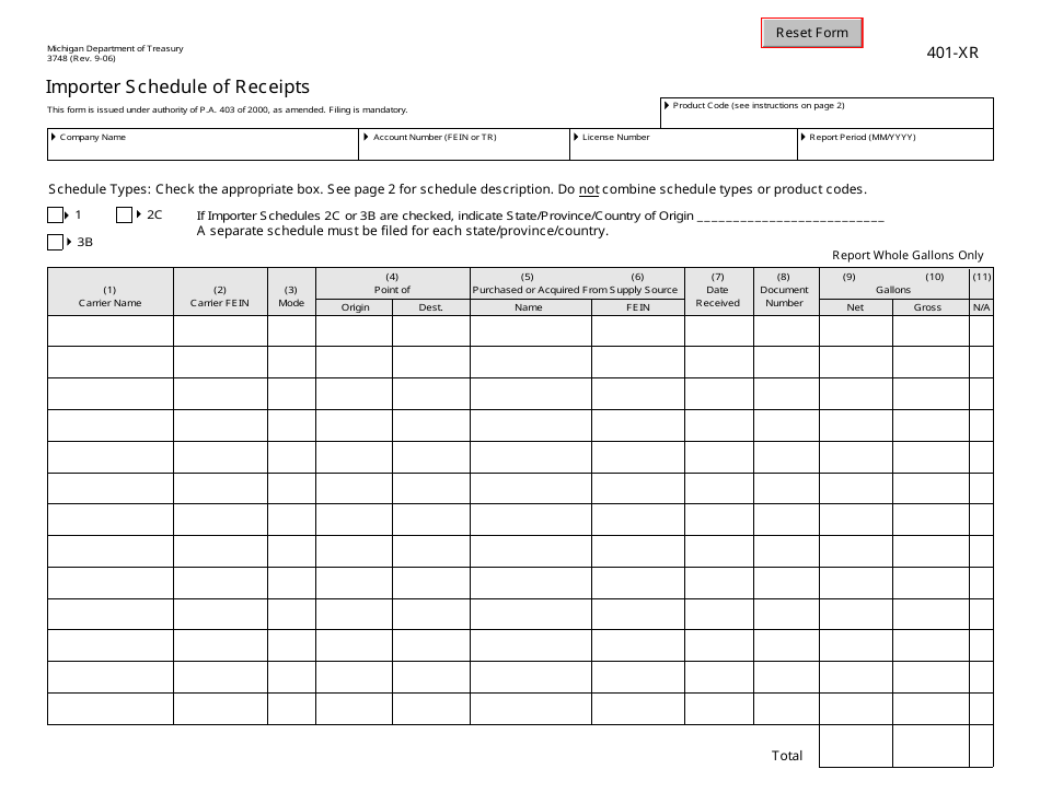 Form 3748 (401-XR) Importer Schedule of Receipts - Michigan, Page 1