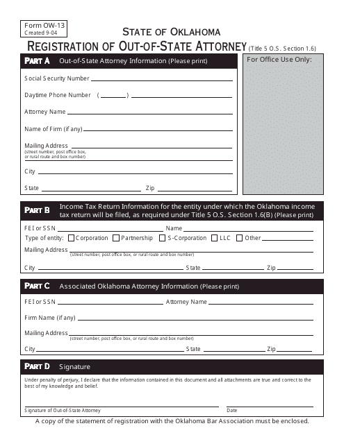OTC Form OW-13  Printable Pdf