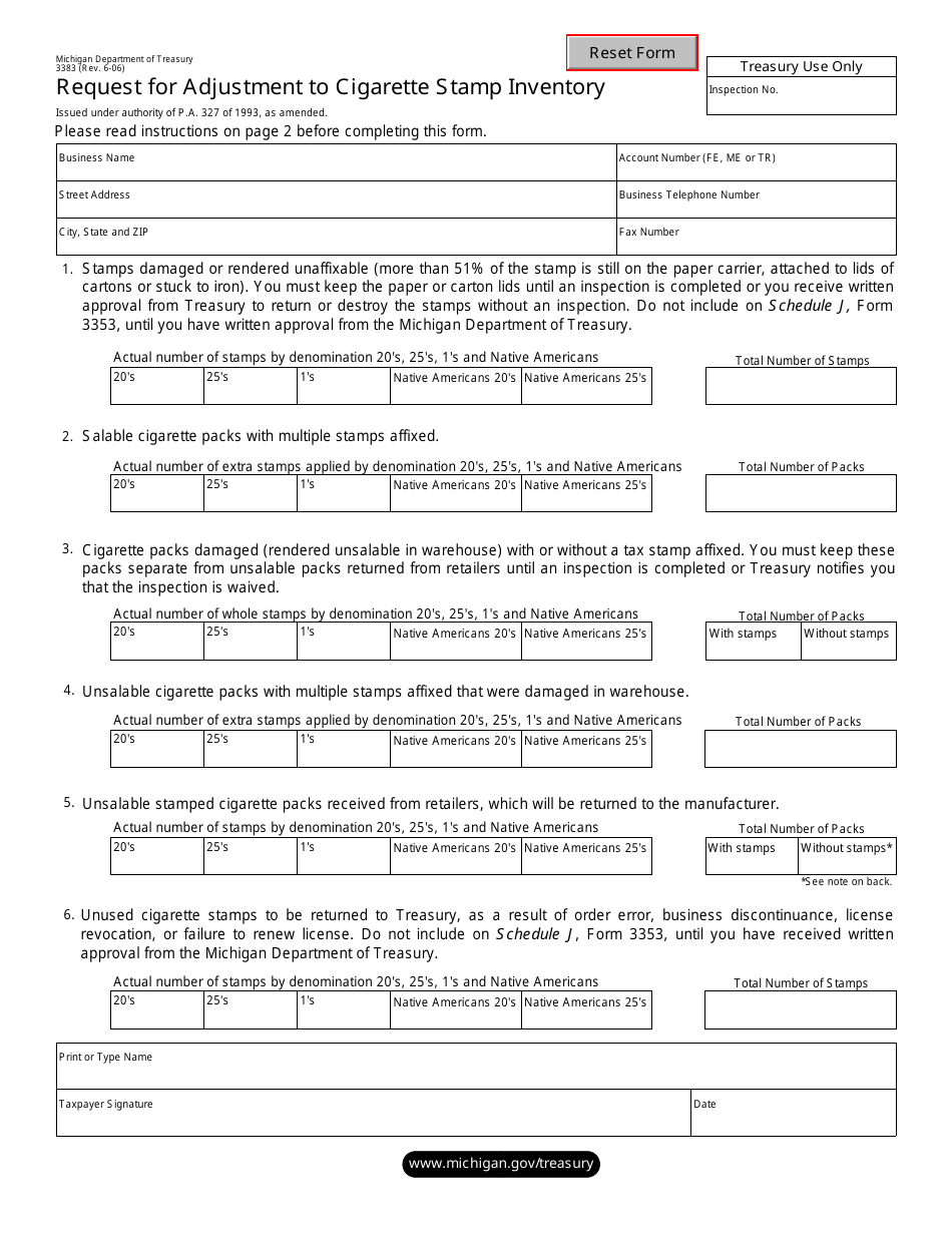 Form 3383 Request for Adjustment to Cigarette Stamp Inventory - Michigan, Page 1