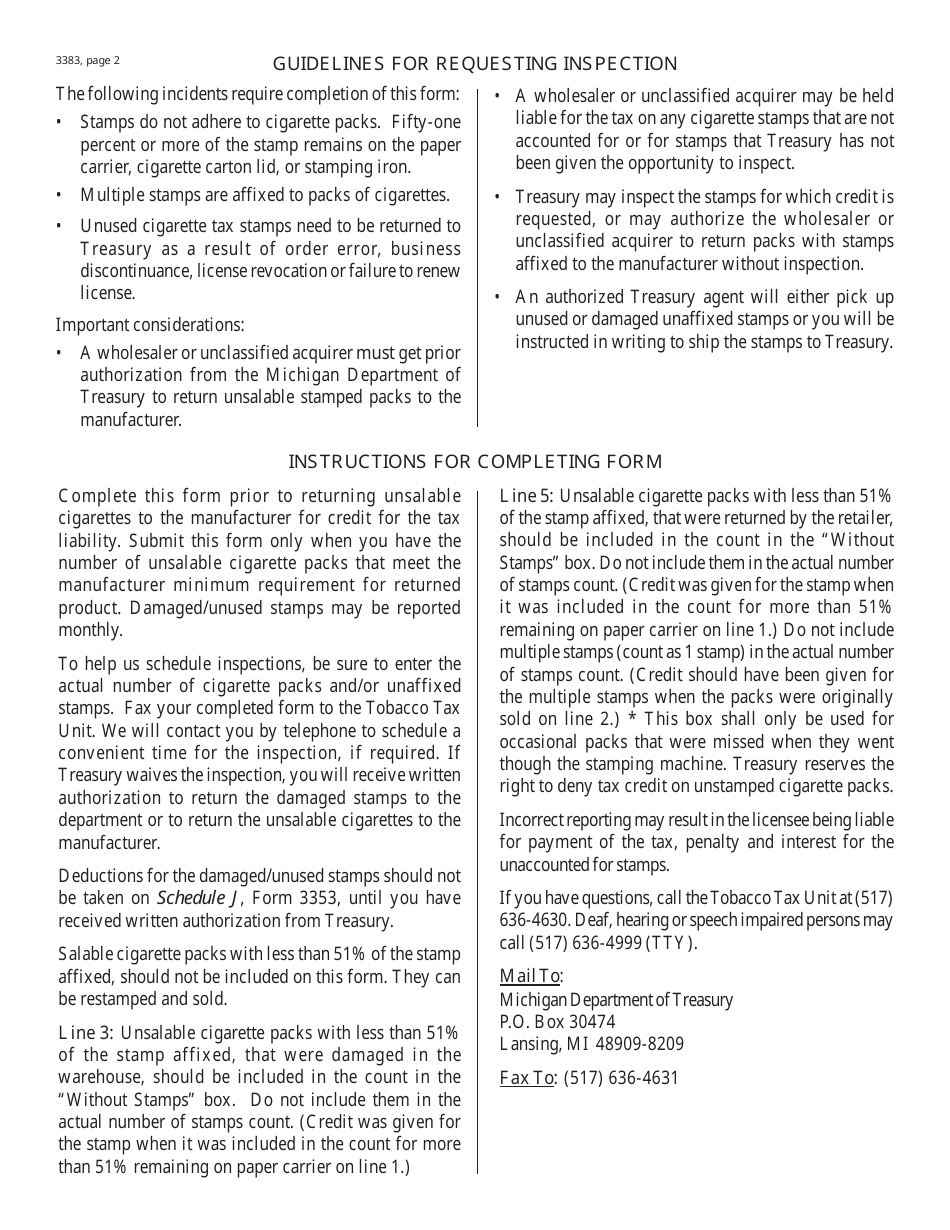 Form 3383 Request for Adjustment to Cigarette Stamp Inventory - Michigan, Page 2