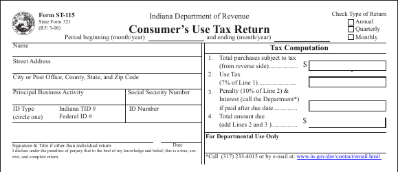 Form ST-115 &quot;Consumer's Use Tax Return&quot; - Indiana