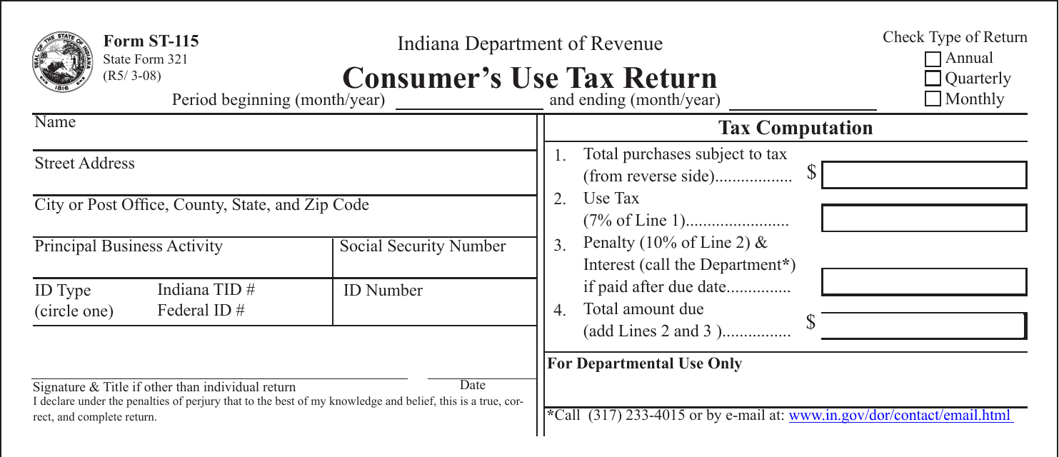Form ST-115 Consumer's Use Tax Return - Indiana