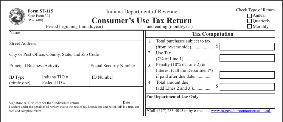 Form ST-115 Consumers Use Tax Return - Indiana, Page 1