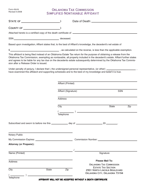 OTC Form 454-N Simplified Nontaxable Affidavit - Oklahoma