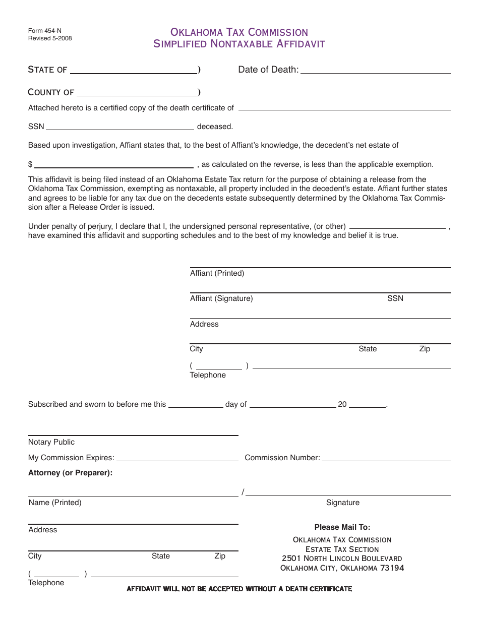 OTC Form 454-N Simplified Nontaxable Affidavit - Oklahoma, Page 1