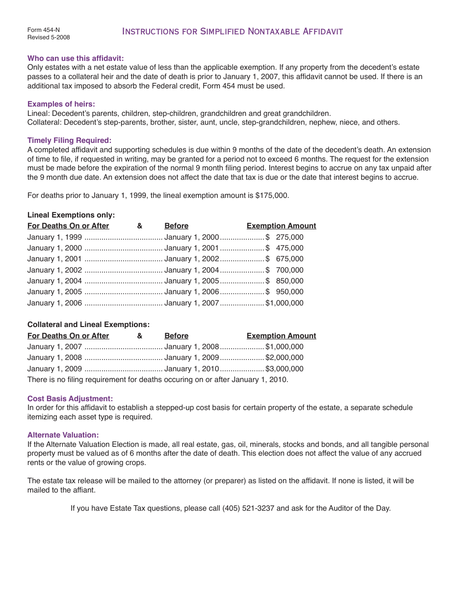 OTC Form 454-N Simplified Nontaxable Affidavit - Oklahoma, Page 3