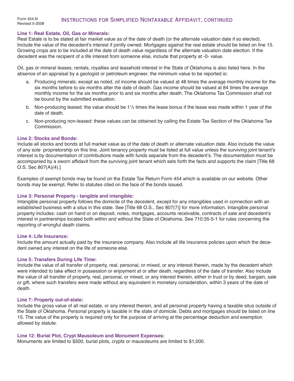 OTC Form 454-N Simplified Nontaxable Affidavit - Oklahoma, Page 4