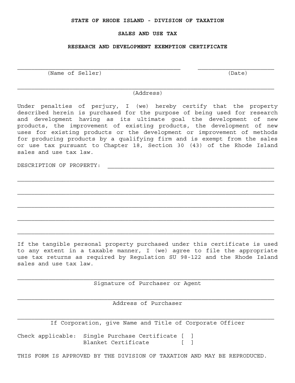 Research and Development Exemption Certificate Form - Rhode Island, Page 1