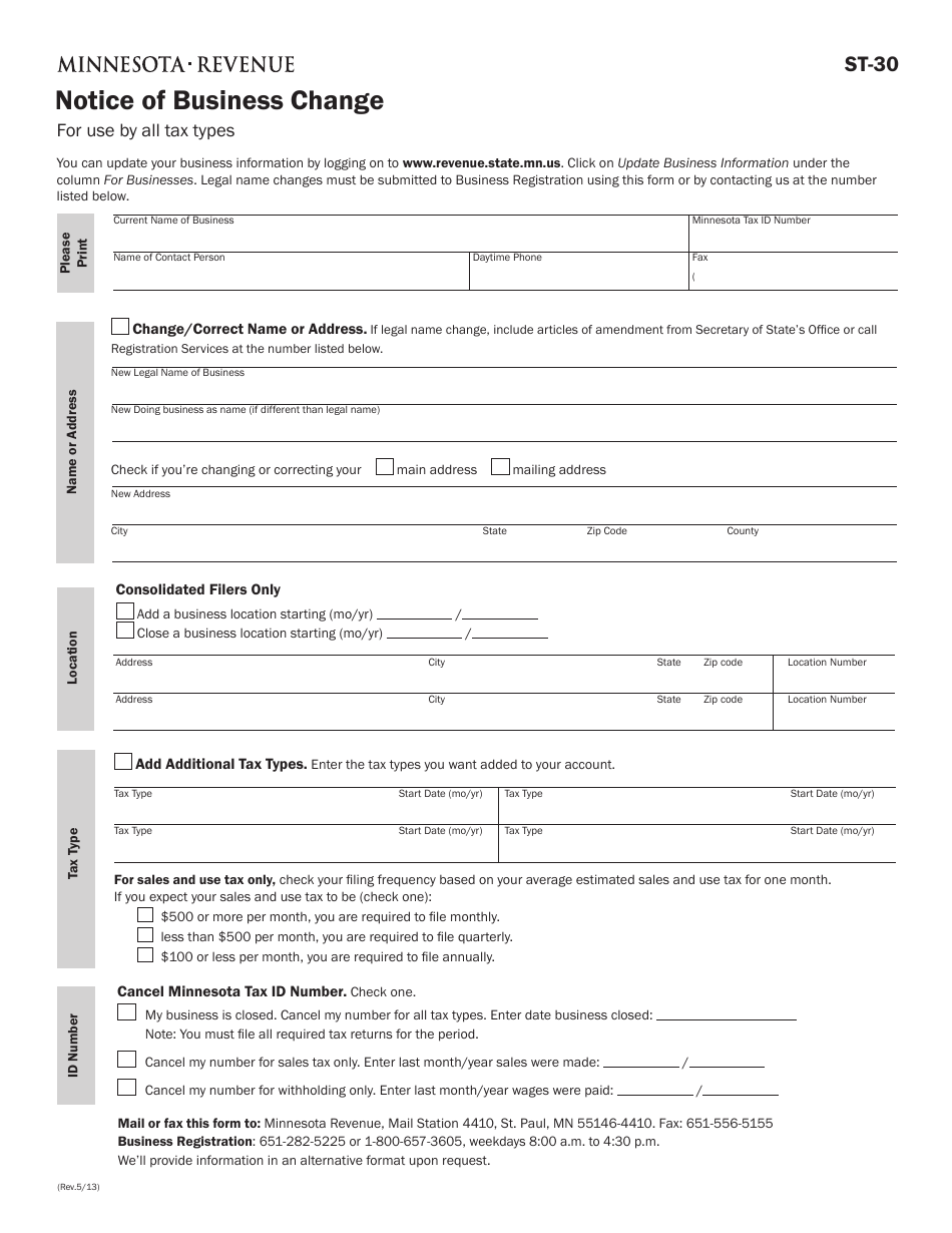 Form ST-30 Notice of Business Change - Minnesota, Page 1