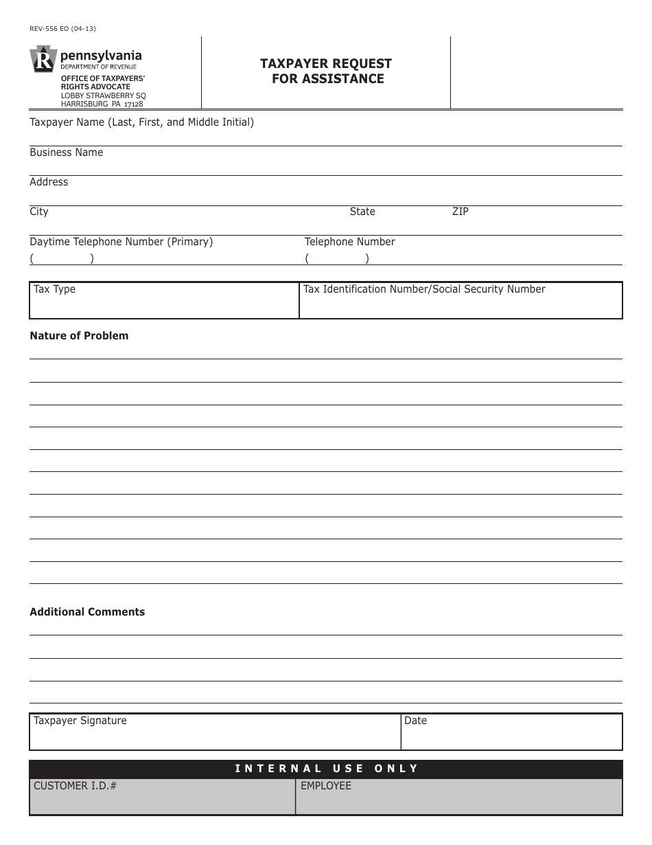 Form REV-556 EO Taxpayer Request for Assistance - Pennsylvania, Page 1