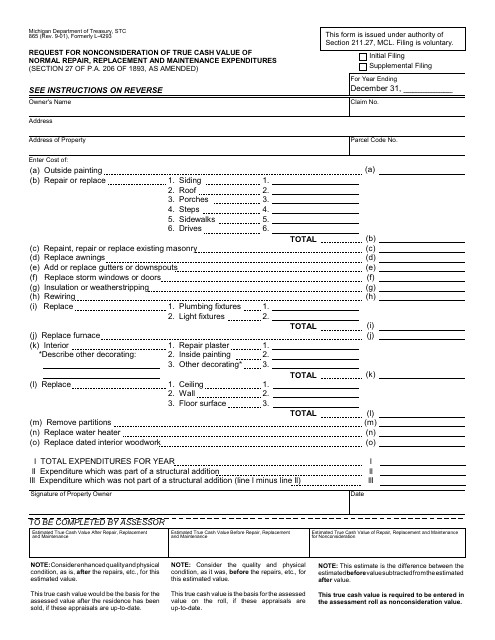 Form 865 Request for Nonconsideration of True Cash Value of Normal Repair, Replacement and Maintenance Expenditures - Michigan