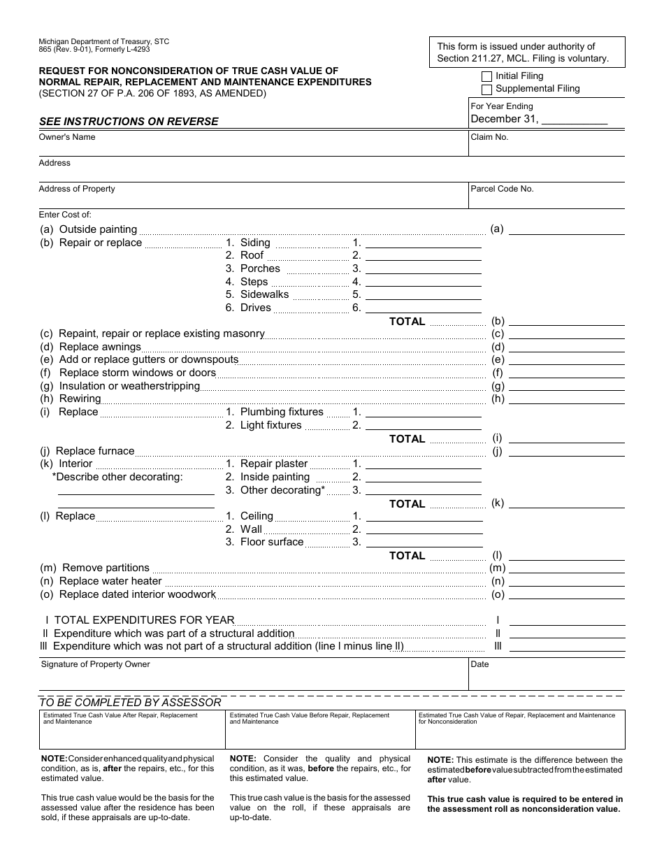 Form 865 Request for Nonconsideration of True Cash Value of Normal Repair, Replacement and Maintenance Expenditures - Michigan, Page 1