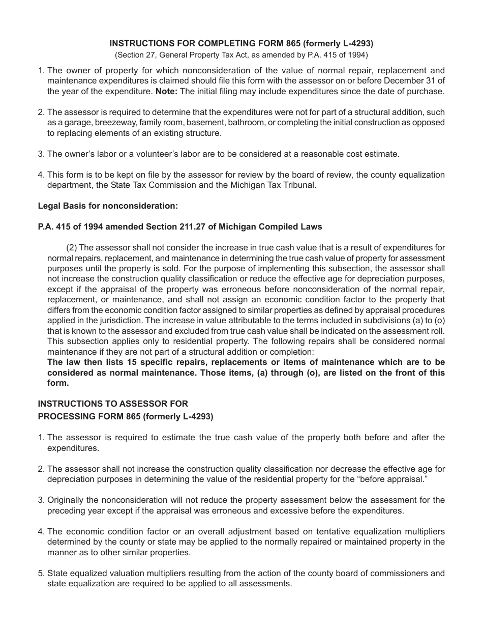 Form 865 Request for Nonconsideration of True Cash Value of Normal Repair, Replacement and Maintenance Expenditures - Michigan, Page 2