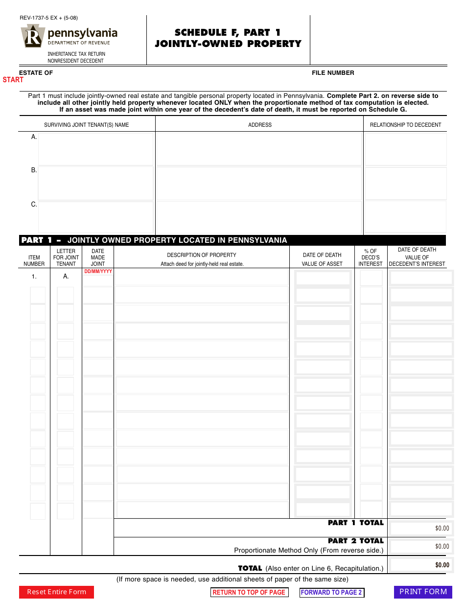 Form REV-1737-5 Schedule F Jointly-Owned Property - Pennsylvania, Page 1