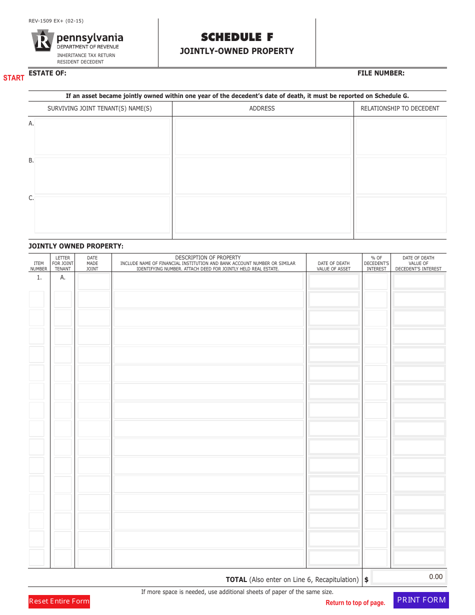 Form REV-1509 Schedule F Jointly-Owned Property - Pennsylvania, Page 1