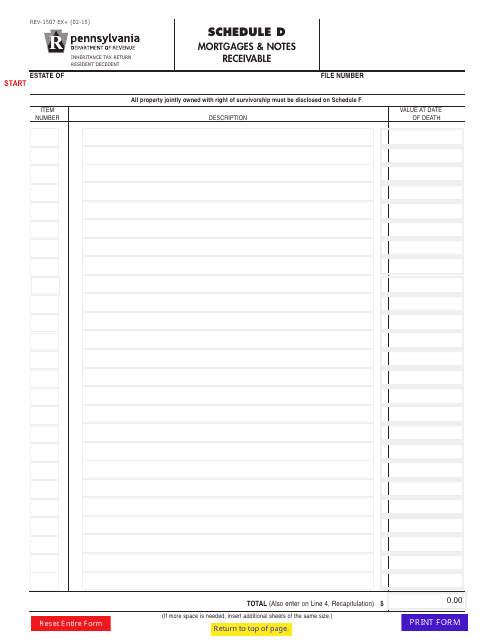 Form REV-1507 Schedule D Mortgages & Notes Receivable - Pennsylvania