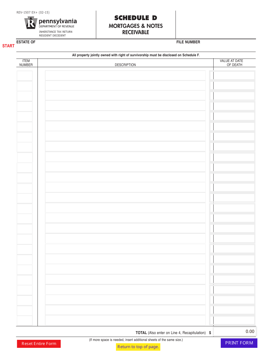 Form REV-1507 Schedule D Mortgages  Notes Receivable - Pennsylvania, Page 1