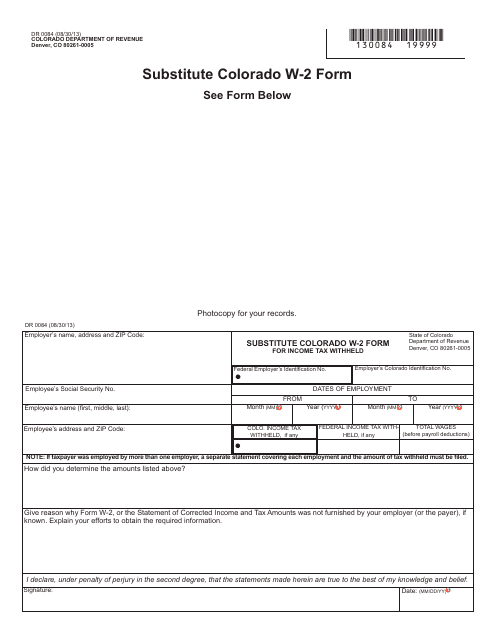 Form DR0084 Substitute Colorado W-2 Form for Income Tax Withheld - Colorado
