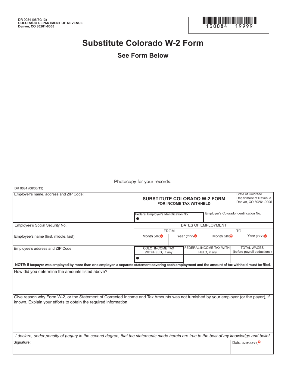 Form DR0084 Substitute Colorado W-2 Form for Income Tax Withheld - Colorado, Page 1