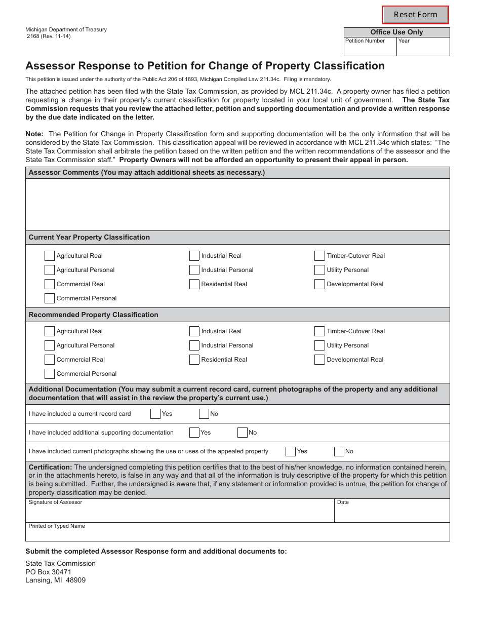 Form 2168 Assessor Response to Petition for Change of Property Classification - Michigan, Page 1