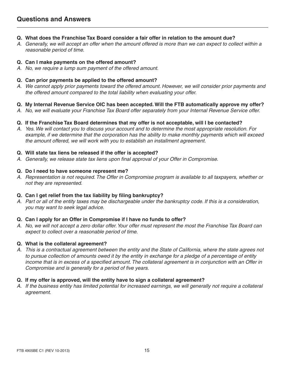 Form FTB4905BE Offer in Compromise for Business Entities Booklet - California, Page 15