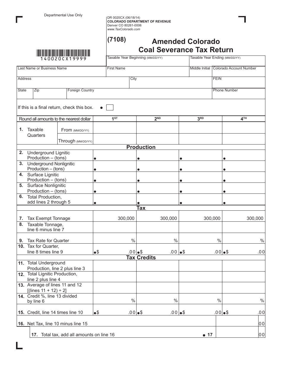 Form DR0020CX Amended Colorado Coal Severance Tax Return - Colorado, Page 1
