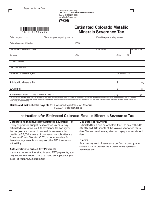 Form DR0021PA Estimated Colorado Metallic Minerals Severance Tax - Colorado